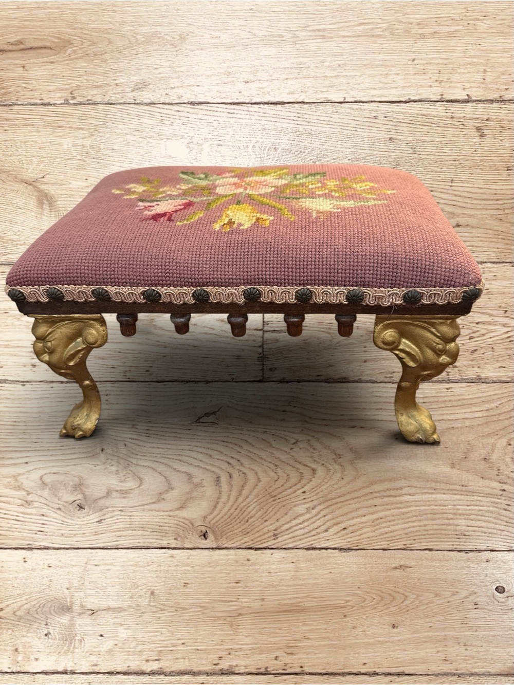 Vintage Rococo Revival Floral Needlepoint Footstool Gilt Paw Feet- Cast Iron